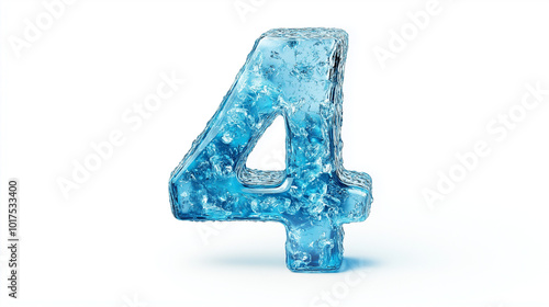 A clear ice number 4 with bubbles captured on a white background, showcasing unique ice texture during a bright daylight setting