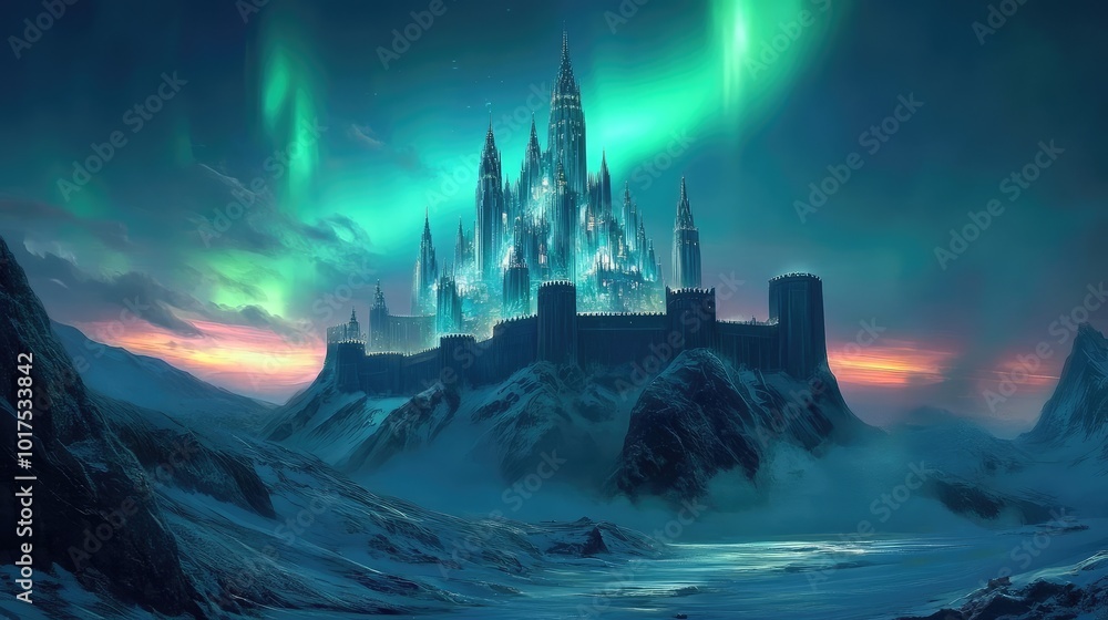 A glowing palace standing tall in a frozen landscape, its spires shimmering against the northern lights. A glowing palace standing tall in a frozen landscape, its spires shimmering against the northern lights.