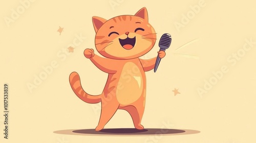 Cute cat singing karaoke. Vector illustration in cartoon style.