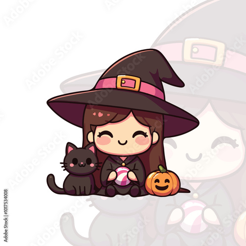 Chibi Witch with a Black Cat on Her Hat