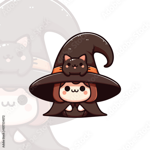 Chibi Witch with a Black Cat on Her Hat