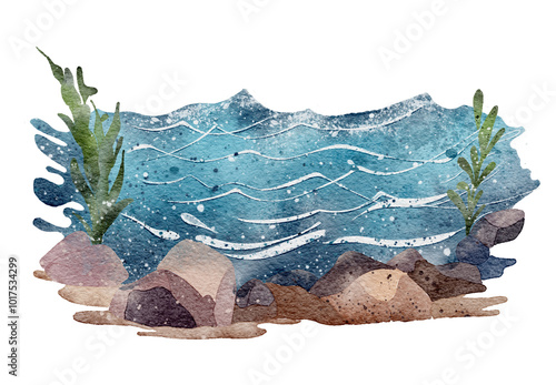 Watercolor set with ocean waves, hand drawn illustrations water splashes isolated on white background