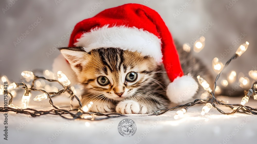 Playful kitten tangled in Christmas lights wearing a Santa Claus outfit, surrounded by a warm festive glow, showcasing detailed fur textures in an ultra-cute holiday scene Playful kitten tangled in Christmas lights wearing a Santa Claus outfit, surrounded by a warm festive glow, showcasing detailed fur textures in an ultra-cute holiday scene