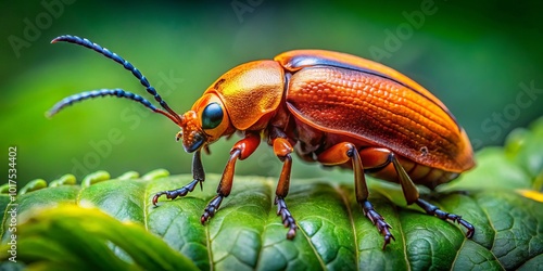 This striking close-up reveals the Omophlus orang beetle in its vibrant natural environment, emphasizing its vivid colors and remarkable details for photo