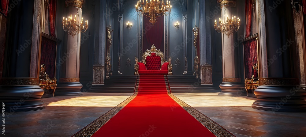 Obraz premium Regal Entrance: Red Carpet Pathway to Royal Thrones within Majestic Castle, generative ai