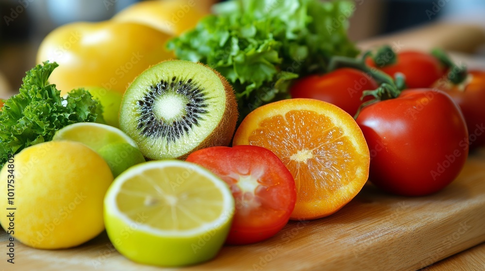 Fresh fruits and vegetables on a wood cutting board Fresh fruits and vegetables on a wood cutting board