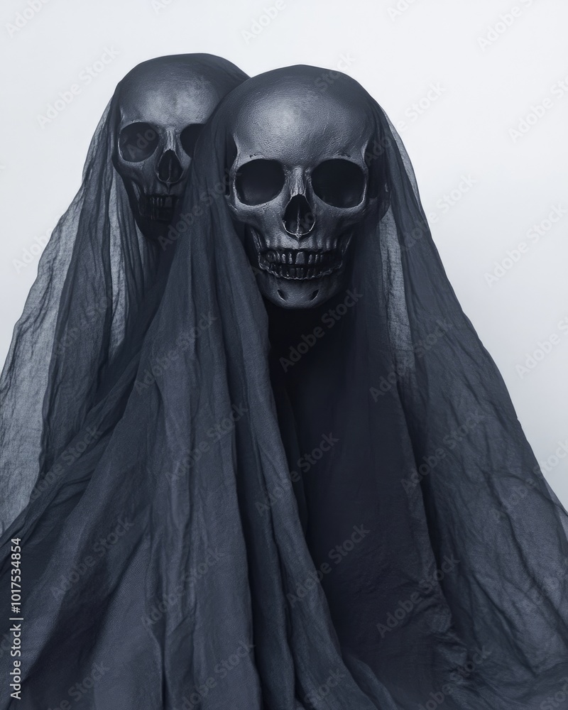 Ghost silhouette with skulls behind grey fabric Ghost silhouette with skulls behind grey fabric