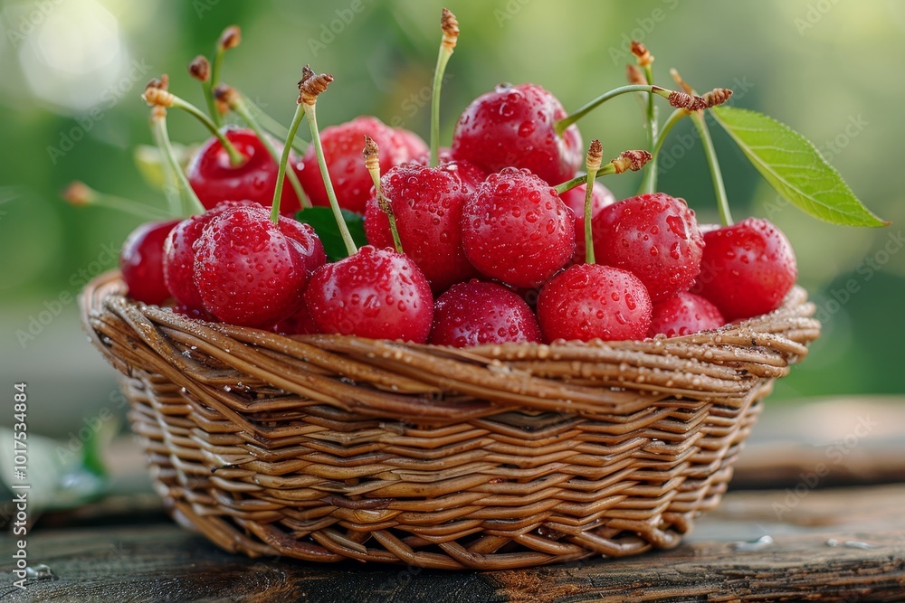 Close up of a small woven basket with spilled cherries on a rustic wooden surface Close up of a small woven basket with spilled cherries on a rustic wooden surface