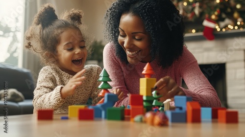 Happy African mother and children playing with building blocks, cute little girl playing with toy block and enjoying time