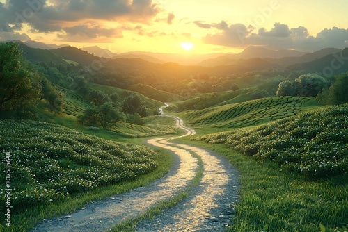 Mountain landscape with road and green tea plantations  photo