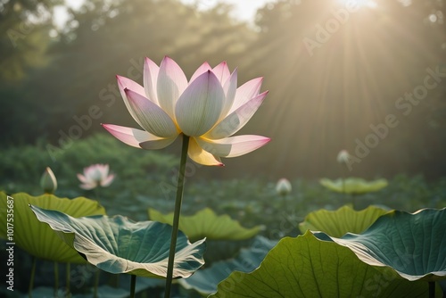 lotus flower with sun shining through leaves in a field photo