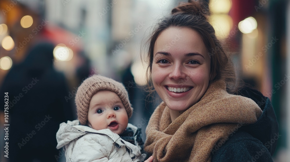 Happy smiling mother with baby girl in carrier walking through city Happy smiling mother with baby girl in carrier walking through city