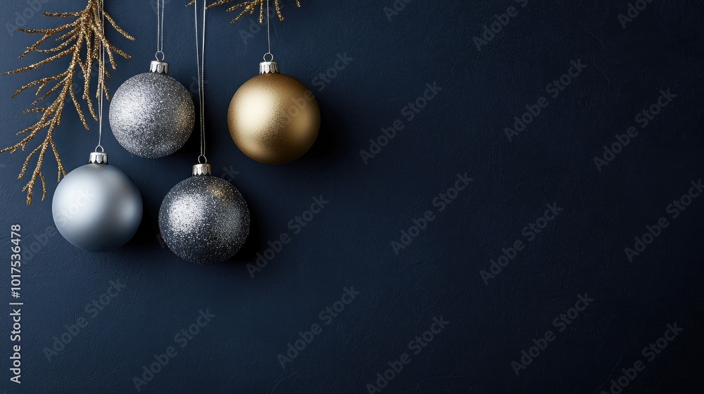 Baubles in silver and gold with minimalist abstract shapes on a dark navy blue background, perfect for an elegant Christmas setting. Baubles in silver and gold with minimalist abstract shapes on a dark navy blue background, perfect for an elegant Christmas setting.