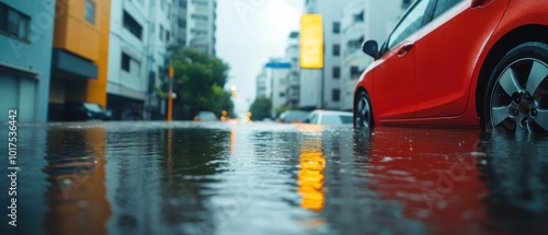 A city street submerged underwater, highlighting the consequences of heavy rainfall in an urban environment and its impact on infrastructure and daily life.