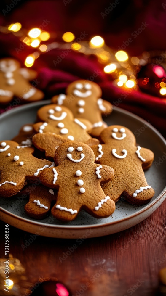 Plate of freshly baked gingerbread men on a wooden table, with a deep crimson background and a string of glowing lights, copy space, Merry Christmas background, festive baking display, holiday cookie Plate of freshly baked gingerbread men on a wooden table, with a deep crimson background and a string of glowing lights, copy space, Merry Christmas background, festive baking display, holiday cookie