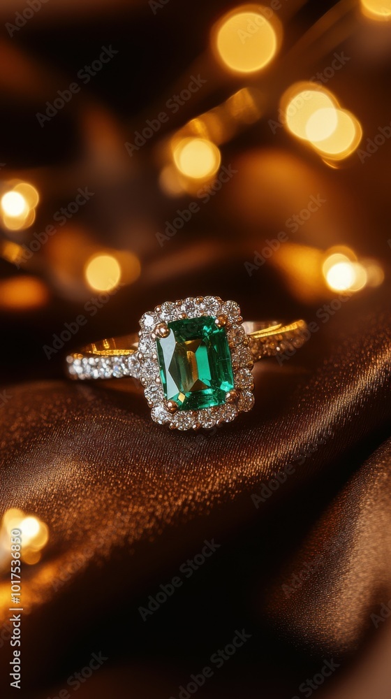 Polished emerald and diamond ring on a rich chocolate brown satin fabric, with a dark brown-to-gold gradient backdrop and glowing festive lights, Copy space, happy Diwali background, traditional Polished emerald and diamond ring on a rich chocolate brown satin fabric, with a dark brown-to-gold gradient backdrop and glowing festive lights, Copy space, happy Diwali background, traditional
