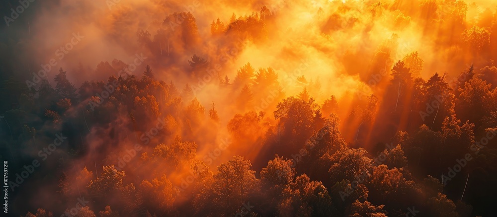 Fototapeta premium Golden Light Filtering Through Foggy Forest