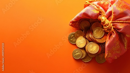 Dhanatrayodashi, Lakshmi pujan, money, Saffron-colored silk pouch filled with coins, placed on a vibrant orange backdrop, copy space, happy Diwali background, traditional, Indian festival. photo