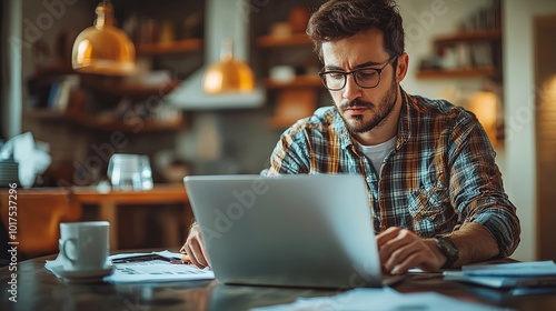 A focused man working on a laptop at a cozy home office with coffee and paperwork.