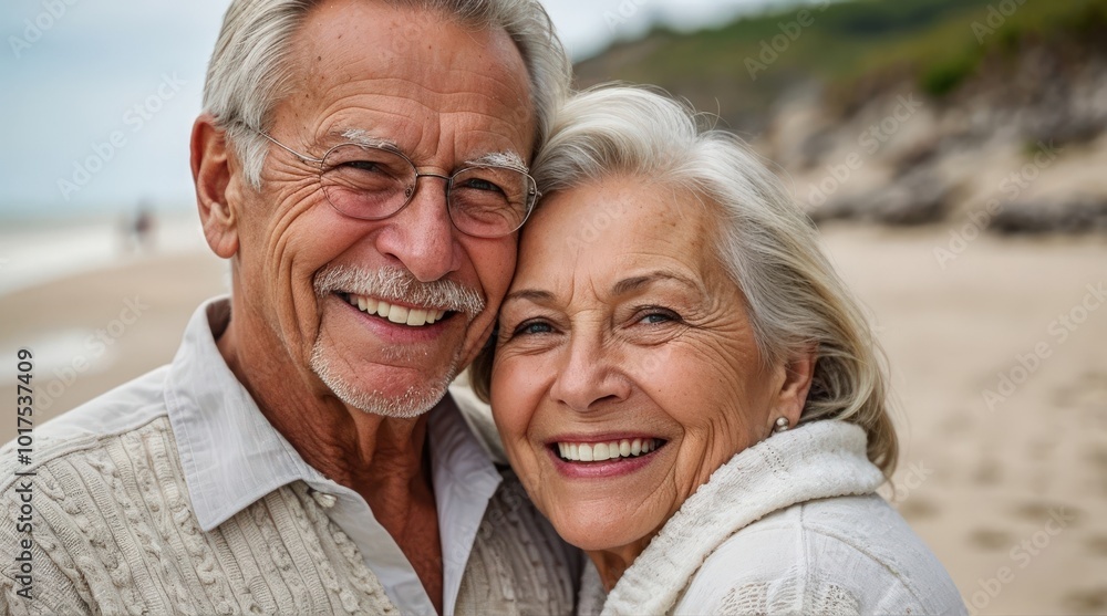 Senior couple on the beach hugging smiling. Romantic caucasian white elders wife husband enjoy retirement life outdoor Senior couple on the beach hugging smiling. Romantic caucasian white elders wife husband enjoy retirement life outdoor