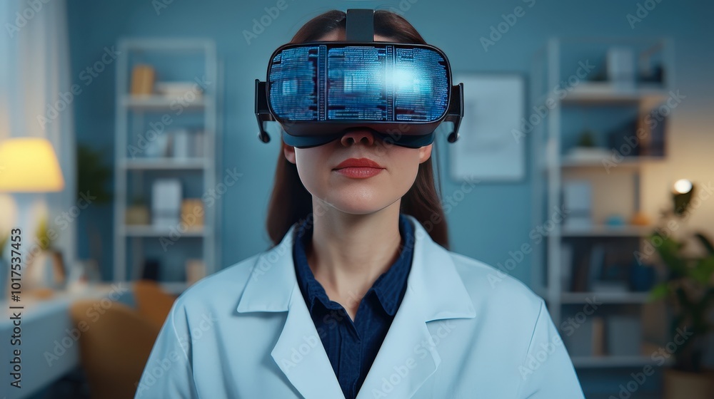 Female Scientist Using VR Headset for Research in Office Futuristic Technology Concept Female Scientist Using VR Headset for Research in Office Futuristic Technology Concept