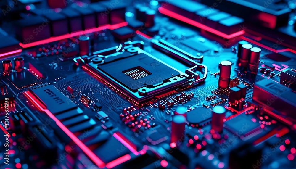 Computer motherboard featuring vibrant neon lights and tech connections. Computer motherboard featuring vibrant neon lights and tech connections.