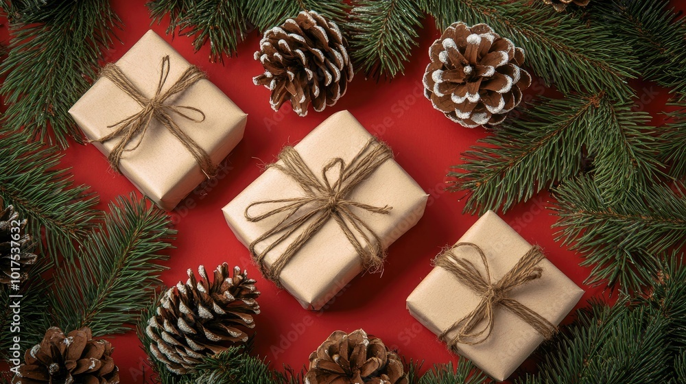 Gifts nestled among pine branches and pine cones on a red Christmas background, evoking a traditional holiday feel. Gifts nestled among pine branches and pine cones on a red Christmas background, evoking a traditional holiday feel.