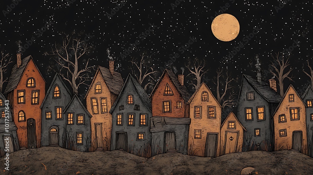 Fototapeta premium Nighttime Village with a Full Moon and Starry Sky