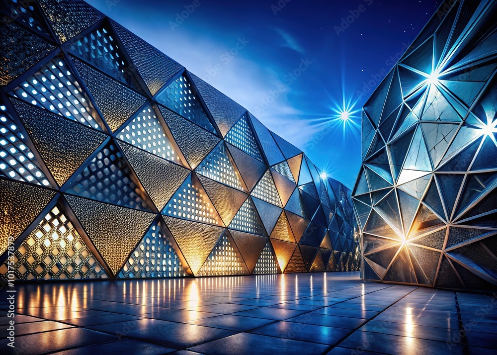 Fototapeta premium Night Photography of Abstract Modern Architecture with Geometric Patterns of Perforated Panels