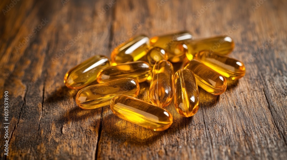 Fish oil capsules on wooden table weight loss concept Fish oil capsules on wooden table weight loss concept