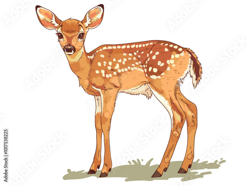 white background, Fawn standing in a forest clearing - isolate on a forest clearing background., very simple and isolate in the style of animated illustrations with drawings in pencil easy art