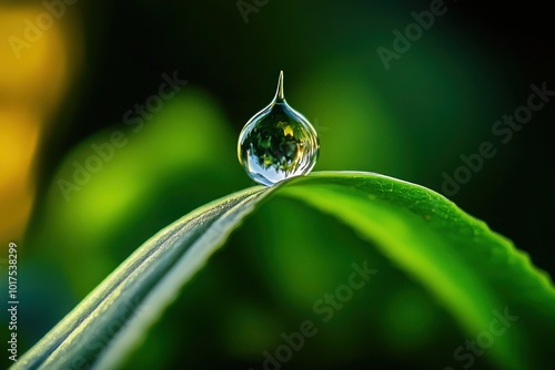 A crystal-clear drop of water suspended on a leaf tip, capturing the purity of good intentions and heartfelt wishes.