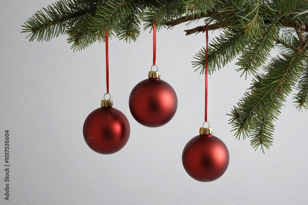 three red ornaments hanging from a christmas tree branch three red ornaments hanging from a christmas tree branch