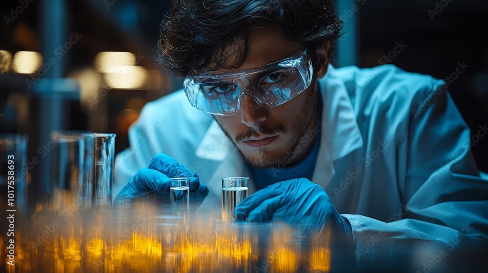 A focused scientist conducts experiments with test tubes in a lab setting. A focused scientist conducts experiments with test tubes in a lab setting.