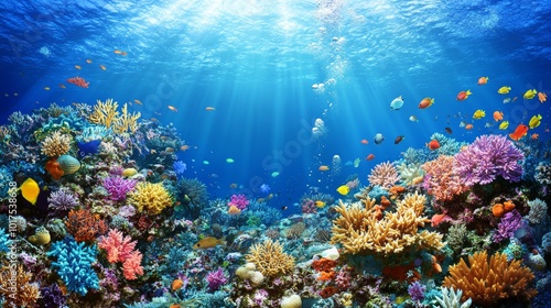 Wallpaper Mural Underwater coral reef landscape super wide banner background in the deep blue ocean with colorful fish and marine life Torontodigital.ca
