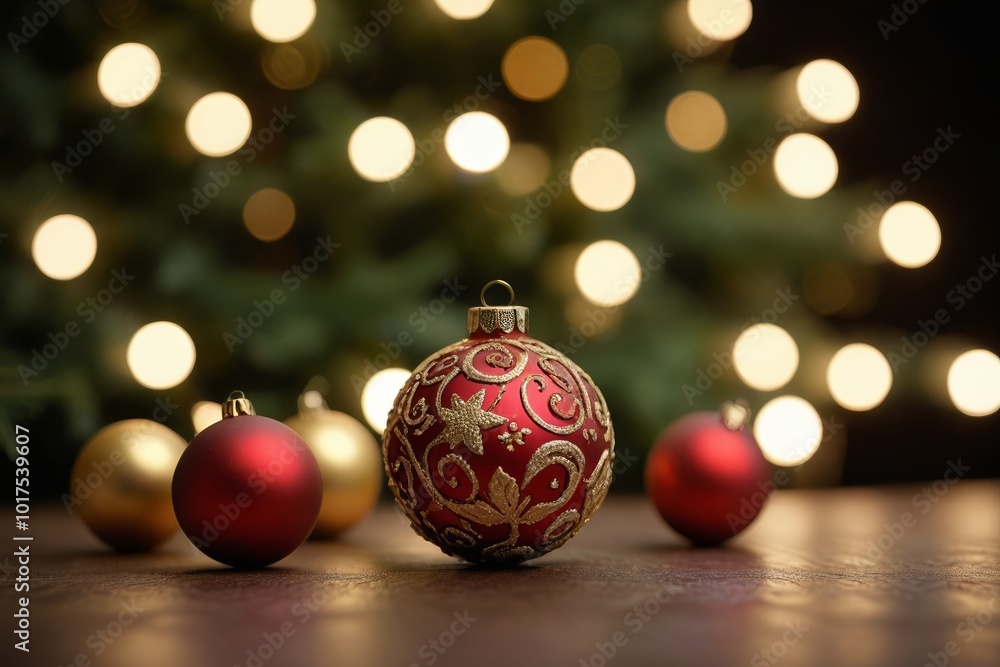 there are three red and gold ornaments on a table there are three red and gold ornaments on a table