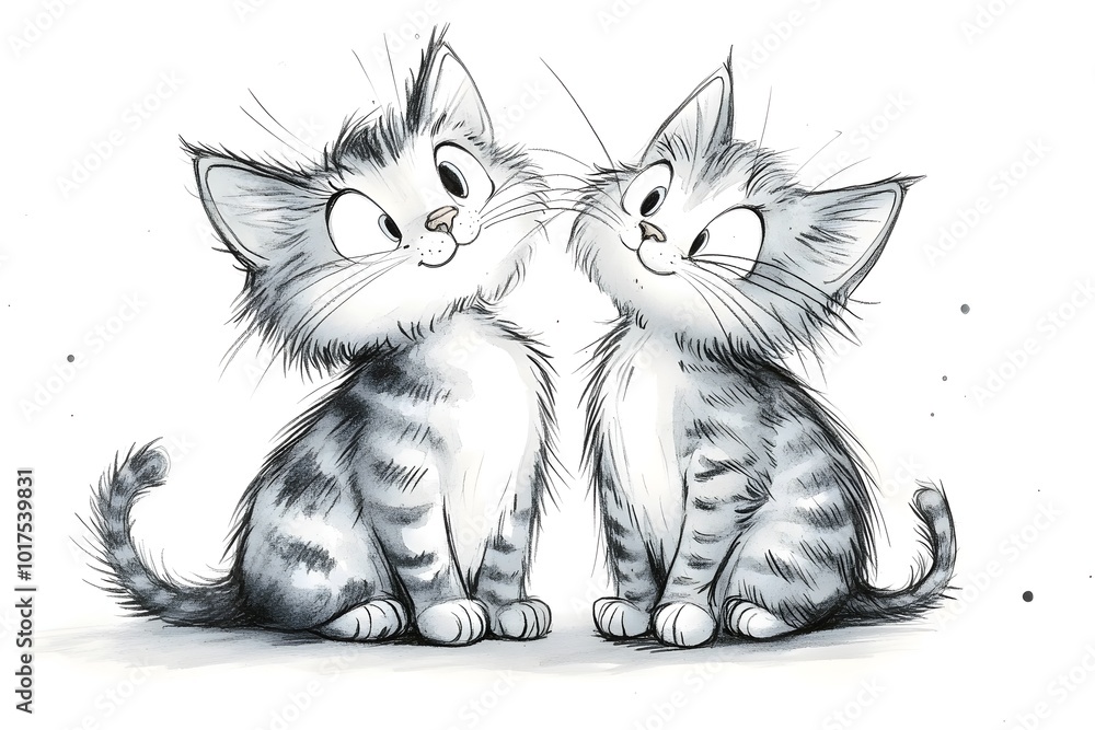 Two cartoon cats sit side-by-side, looking up with playful expressions. Their fluffy fur and bright eyes are full of mischief and cuteness. Two cartoon cats sit side-by-side, looking up with playful expressions. Their fluffy fur and bright eyes are full of mischief and cuteness.