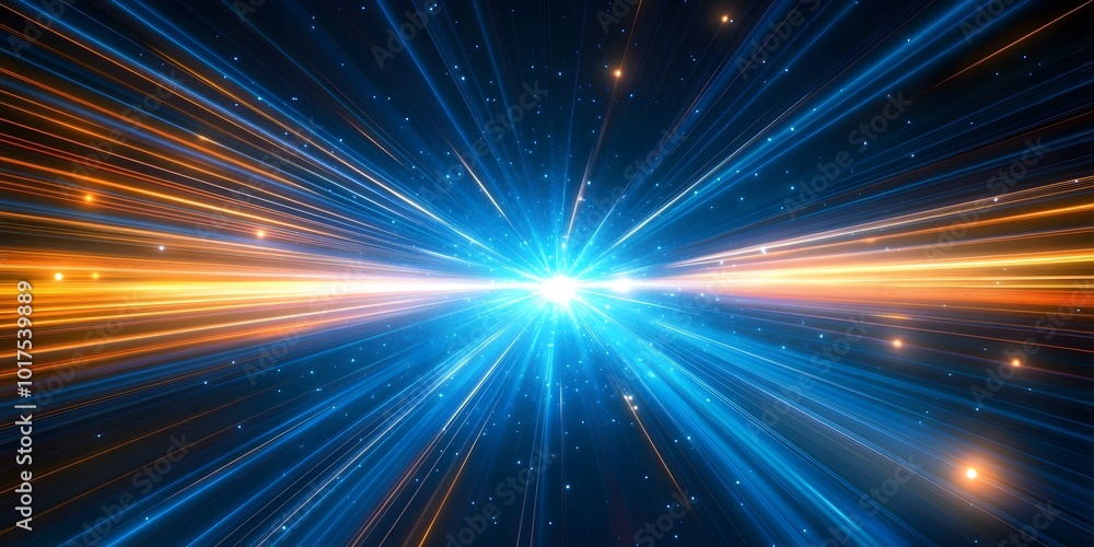 Naklejka premium Light speed, light beams moving fast in space, blue and orange colors, abstract background with glow lines, motion blur effect, generative ai 