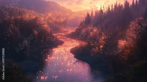 A serene river winding through a valley of glowing trees, their leaves radiating soft light as dusk falls.