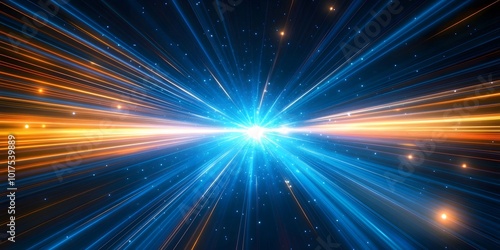 Light speed, light beams moving fast in space, blue and orange colors, abstract background with glow lines, motion blur effect, generative ai 