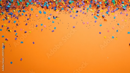 Halloween party flat lay with confetti on orange background copy space top view