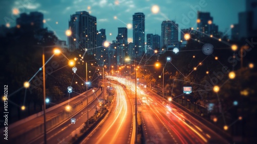 A city skyline at dusk with illuminated traffic and digital connectivity elements.