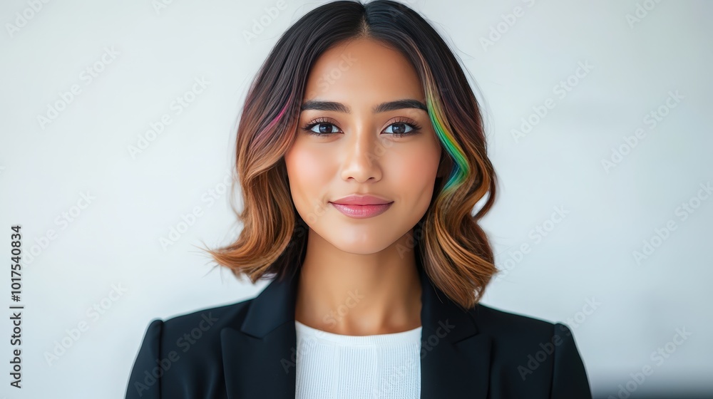 Confident Woman with Rainbow Hair in Modern Office