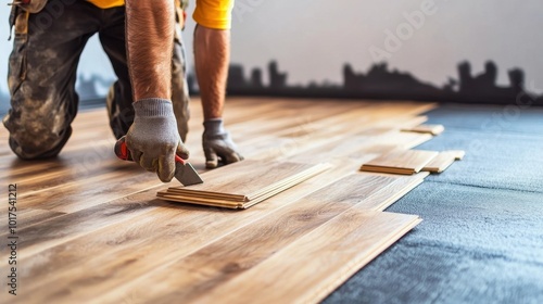 Parquet flooring installation tools scattered around wood planks worker laying new flooring in a modern home renovation project