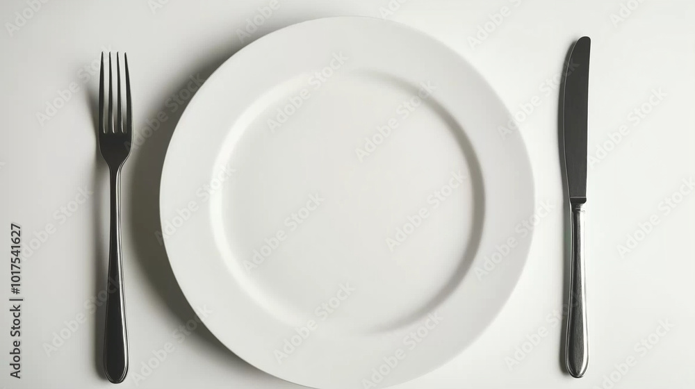 Minimalist dining setup with a white plate, fork, and knife, placed on a simple white backdrop. Minimalist dining setup with a white plate, fork, and knife, placed on a simple white backdrop.