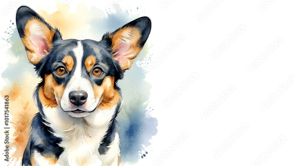 Cardigan Welsh Corgi dog , captured in a serene watercolor portrait. Drawing. Art. Illustration. Copy Space. 2 Cardigan Welsh Corgi dog , captured in a serene watercolor portrait. Drawing. Art. Illustration. Copy Space. 2