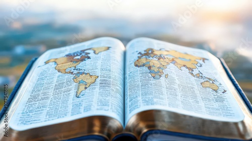 Fototapeta Naklejka Na Ścianę i Meble -  Open Bible with World Map   Global Christian Mission Concept