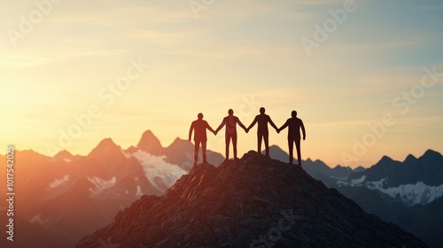 Silhouettes of People Holding Hands on Mountain Peak at Sunset