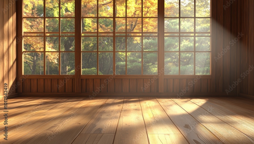 A wooden room with large windows, an empty wall mockup, a Japanese-style interior design, high resolution, sun rays shining on the wood grain. A wooden room with large windows, an empty wall mockup, a Japanese-style interior design, high resolution, sun rays shining on the wood grain.