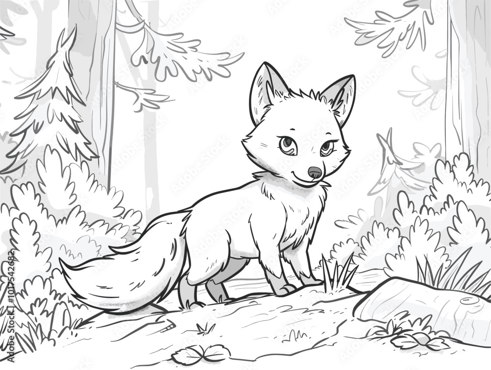 white background, Fox with a bushy tail - isolate on a forest background., very simple and isolate in the style of animated illustrations with drawings in pencil easy, white background